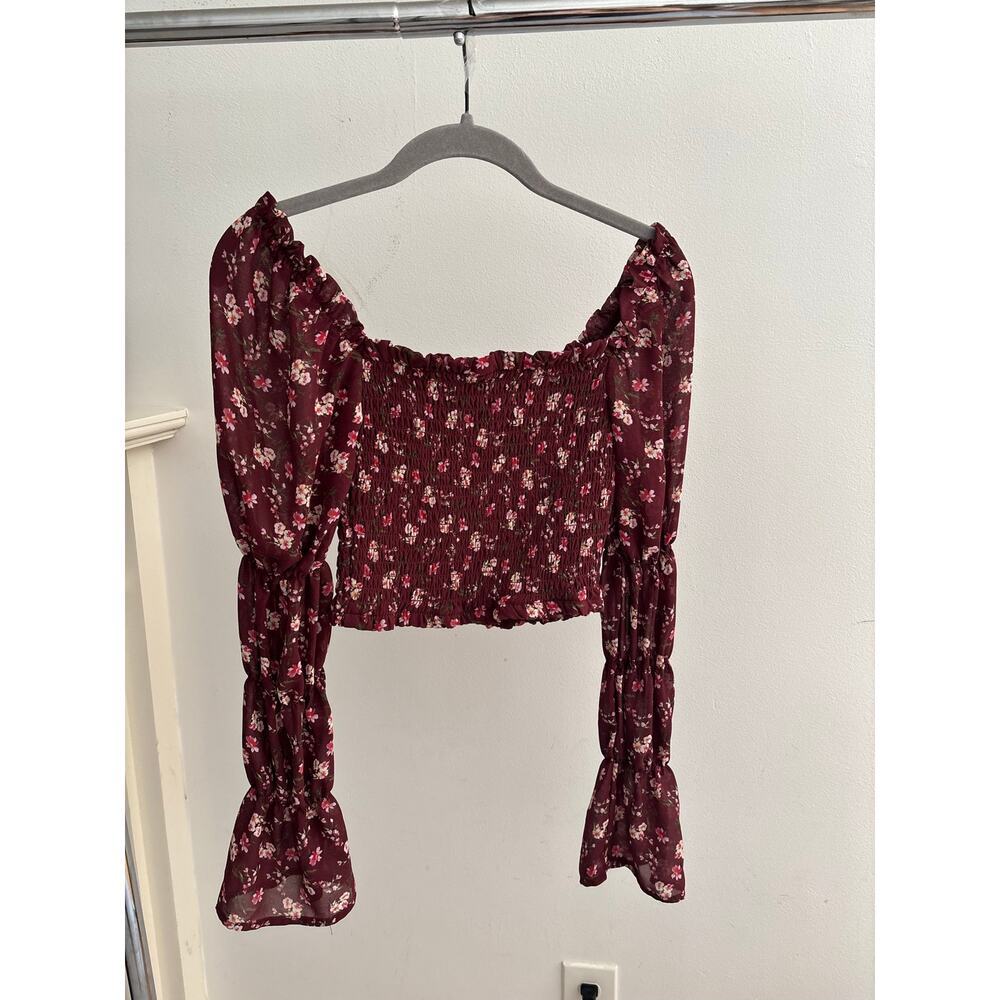 Wild Fable Floral Smocked Crop Top XS Burgundy Long Sleeve Cottagecore Blouse - Picture 9 of 12